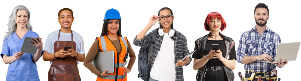Search our coursefinder for VET courses Six people looking at the camera holding devices - a healthcare worker, a person wearing an apron, a construction worker, a student, a student, and a trade worker.